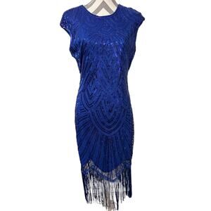 Royal Blue Art Deco Sequin Flapper Dress Size XL Fringe Zipper Speakeasy